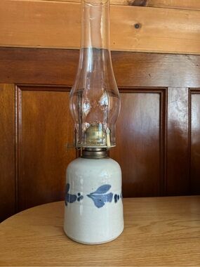 Pre-Salmon Falls “Andy” Hand-Painted Ceramic Oil Lamp with Blue Floral Accent